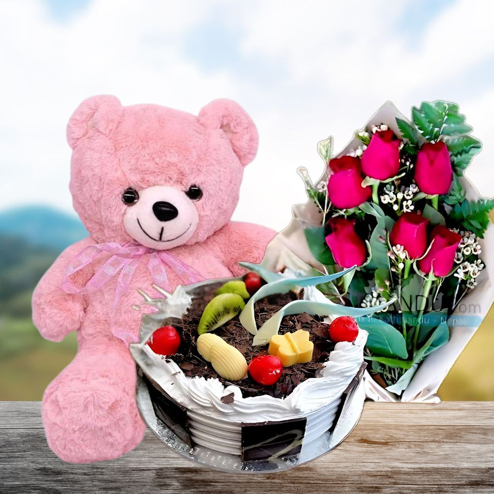 Bear, Cake, and roses bunch - Flowers to Nepal - FTN