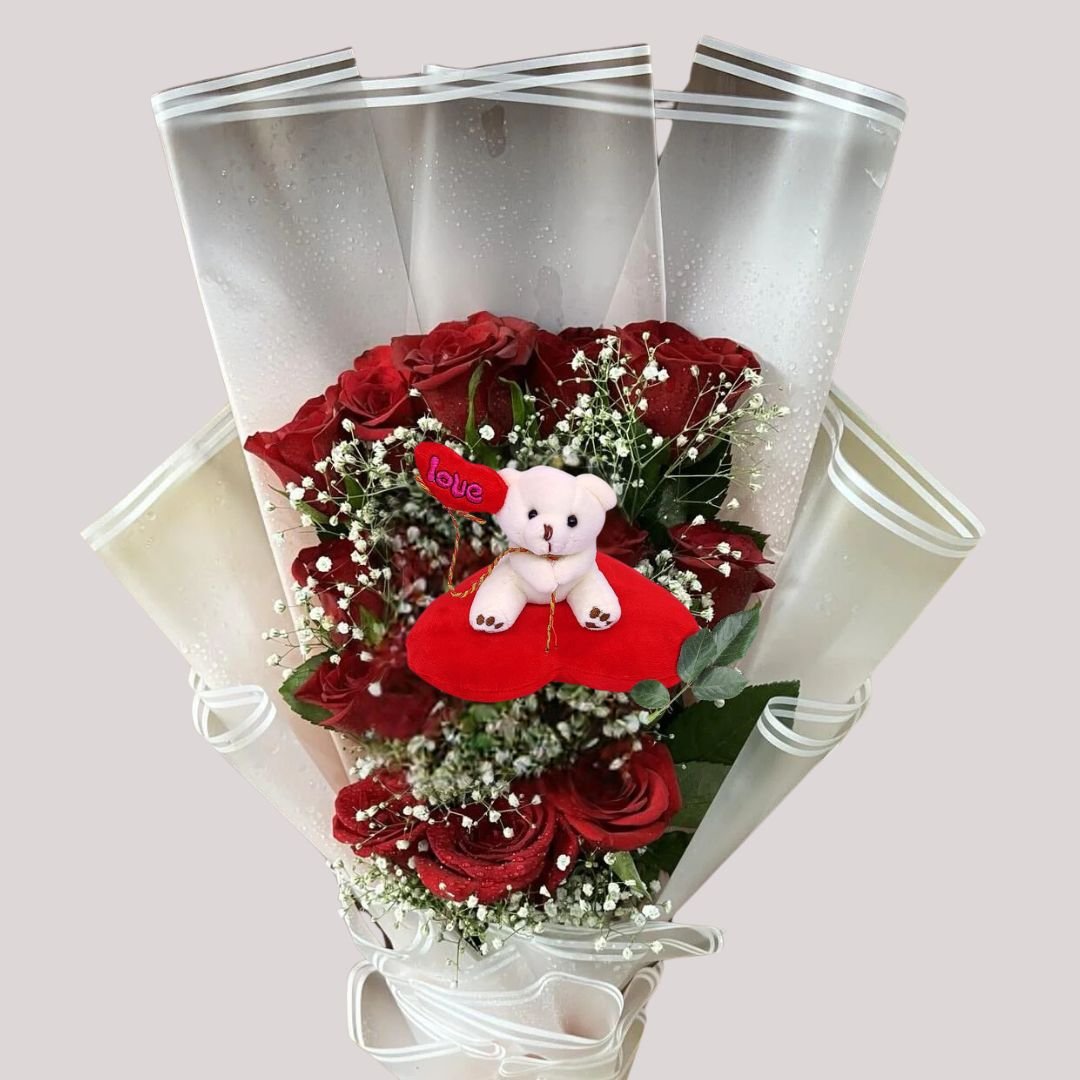 Beautiful 12 Red Roses With Teddy Bouquet - Flowers to Nepal - FTN