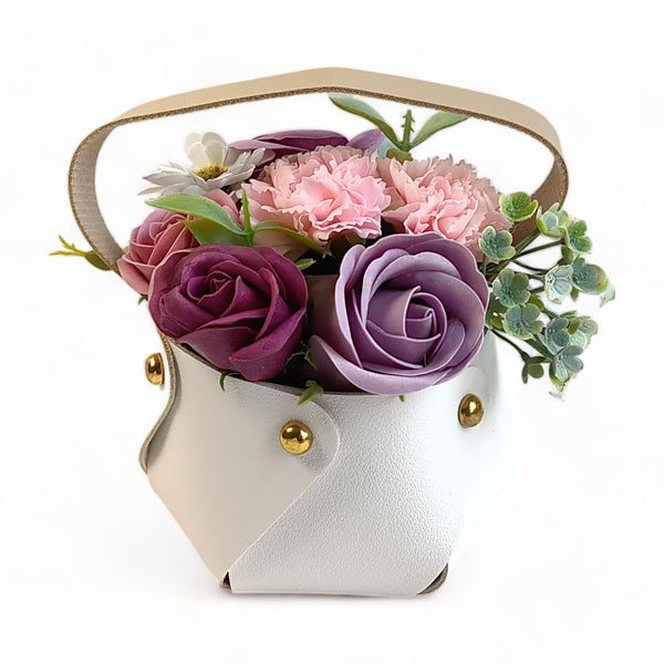 Beautiful Artificial Flowers In White Pu Leather Bag - Flowers to Nepal - FTN