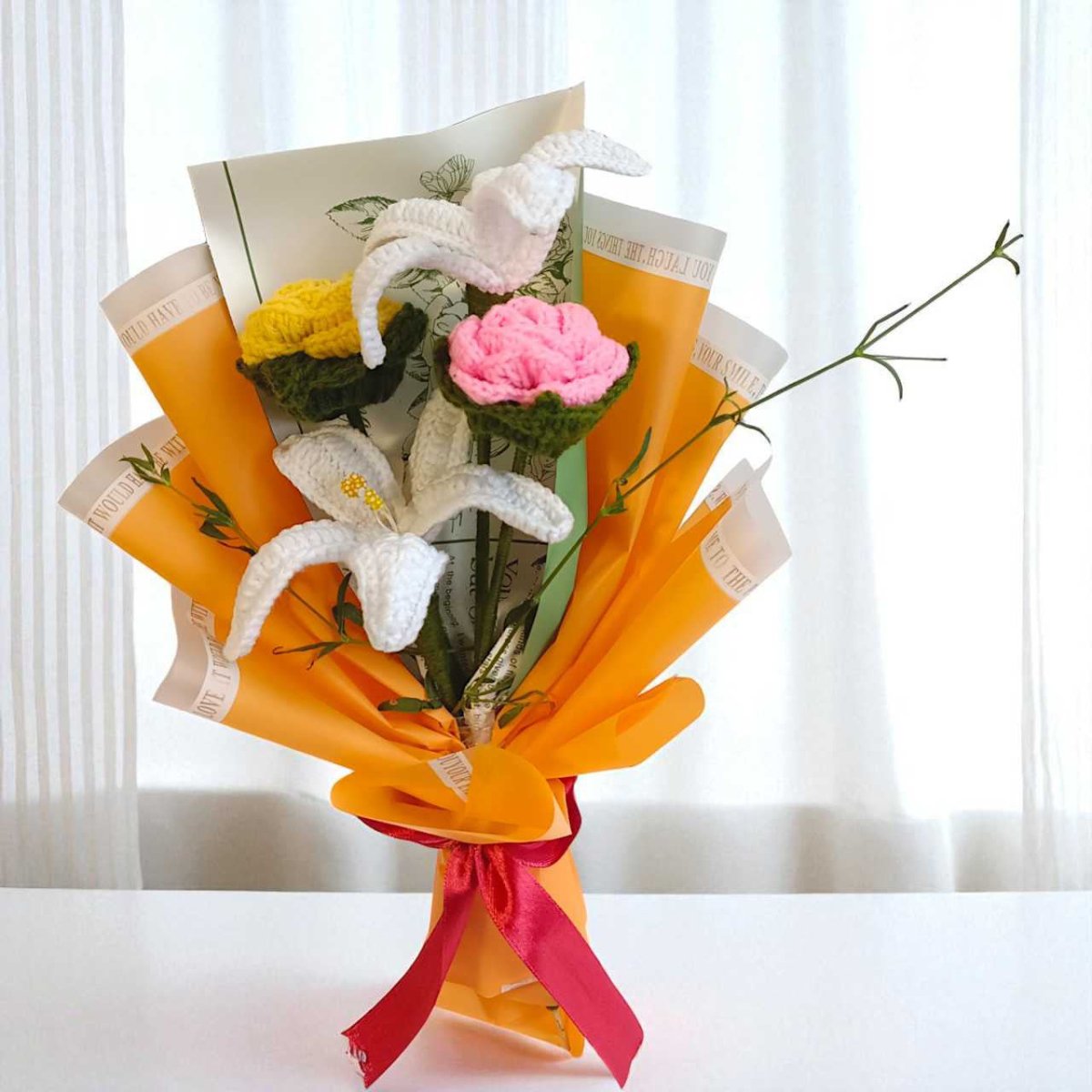 Beautiful Bunch of Crochet Roses & White Lilies - Flowers to Nepal - FTN