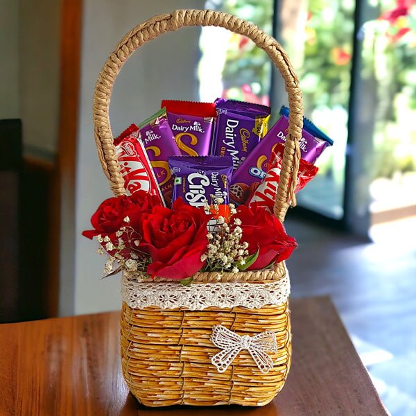 Beautiful Chocolates and Roses Decor Basket - Flowers to Nepal - FTN