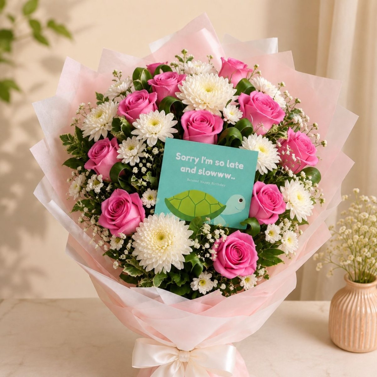 Belated Birthday Pink Roses & Godawari Bouquet - Flowers to Nepal - FTN