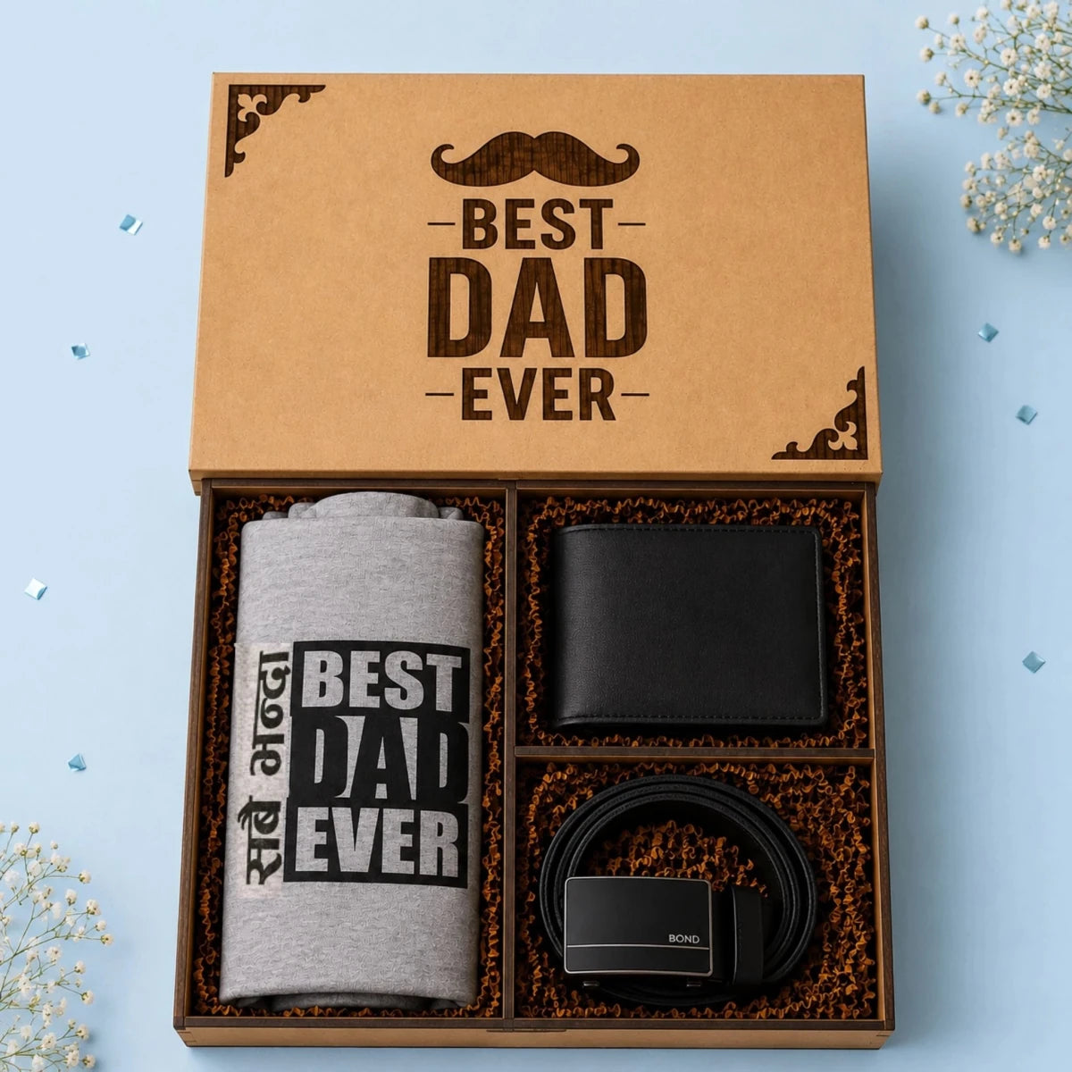 Best Dad Ever Leather Wallet, Belt & T-Shirt Gift Box - Flowers to Nepal - FTN