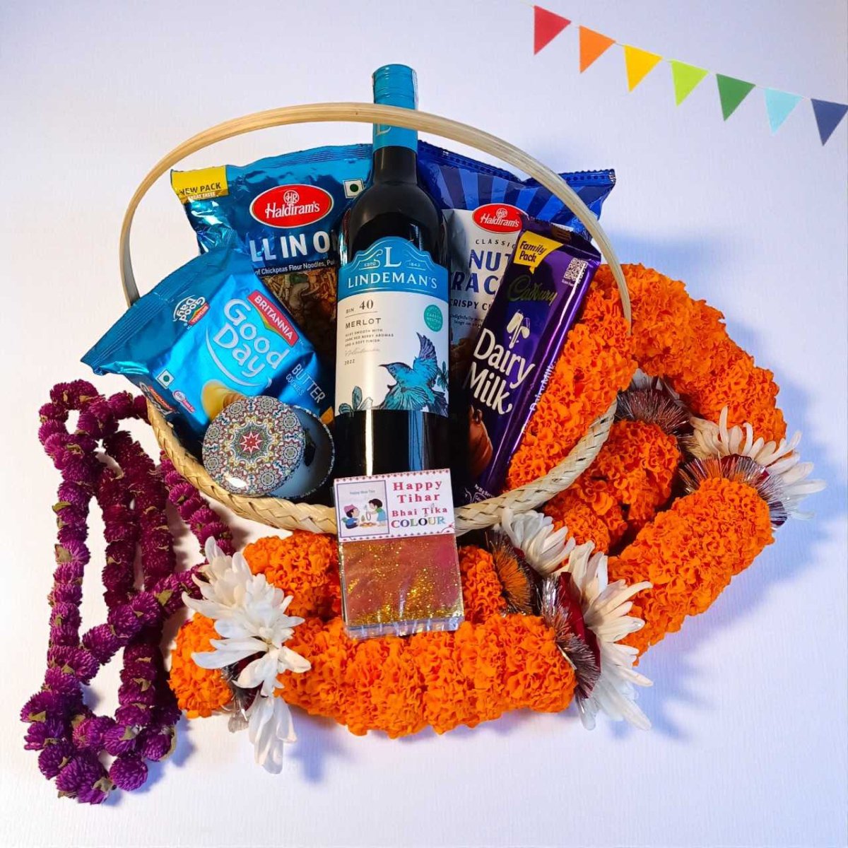 Bhai Tika Gift Basket With Red Wine With Mala - Flowers to Nepal - FTN