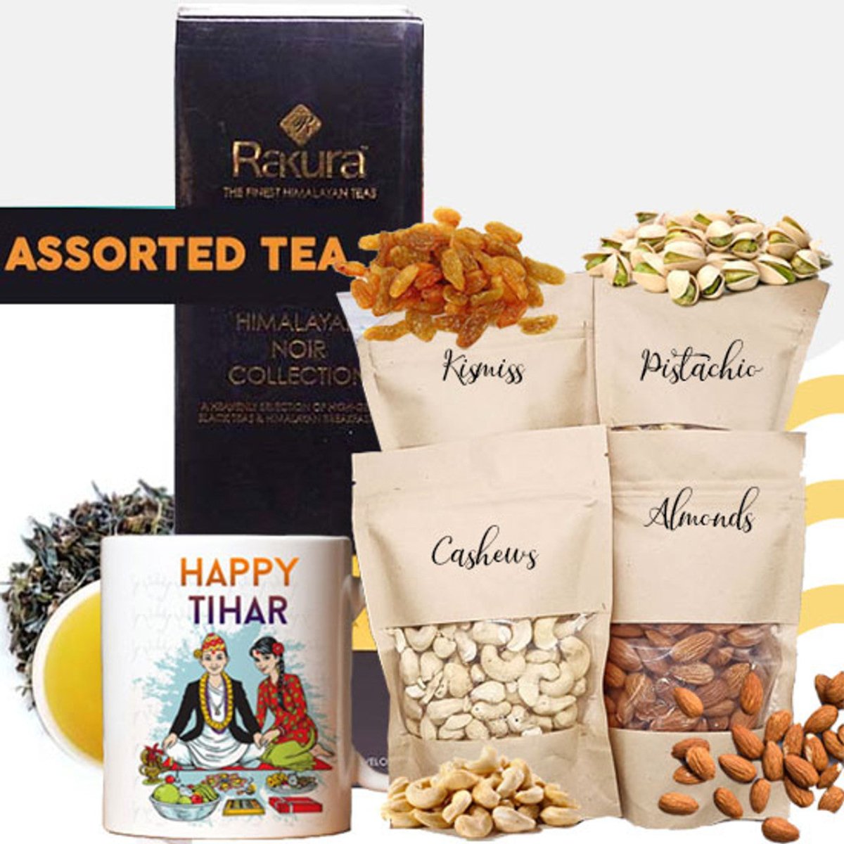 Bhai Tika Gift Box with Dry Nuts, Mug & Rakura Assorted Tea - Flowers to Nepal - FTN