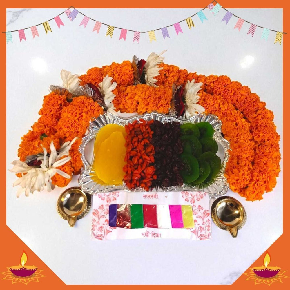 Bhai Tika Gift with Diyo, Dry Fruits, Mala & Tika for Brother - Flowers to Nepal - FTN