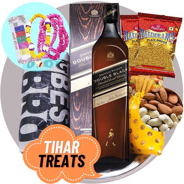 Bhaitika Hamper: JW Double Black, Nuts, T-shirt & Mala Set - Flowers to Nepal - FTN