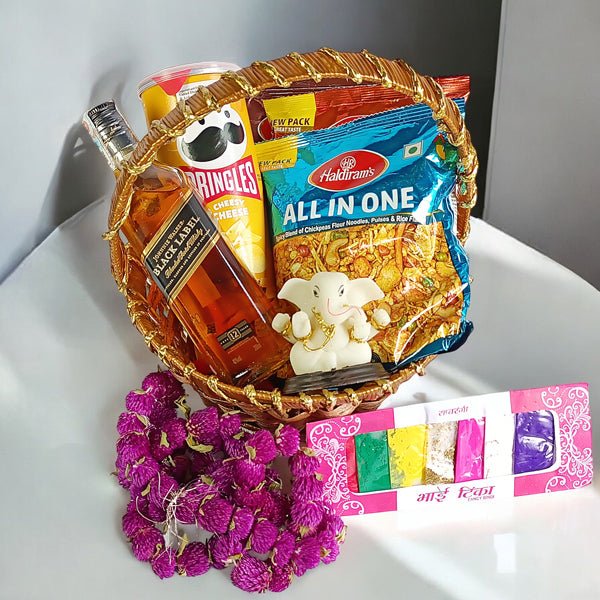 Bhaitika hamper snack, whisky, ganesha & Makhamali mala - Flowers to Nepal - FTN