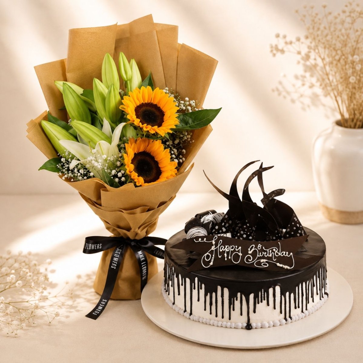 Birthday Cake & Sunflower Lily Bouquet - Flowers to Nepal - FTN