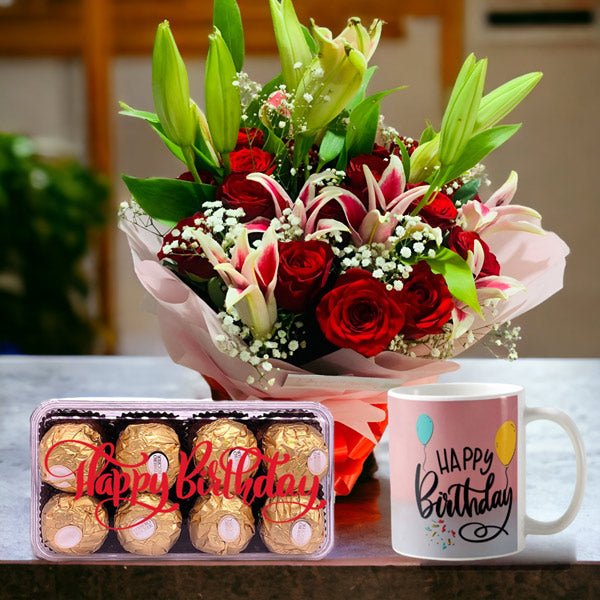 Birthday Combo Rose & Lily Bunch With Mug - Flowers to Nepal - FTN