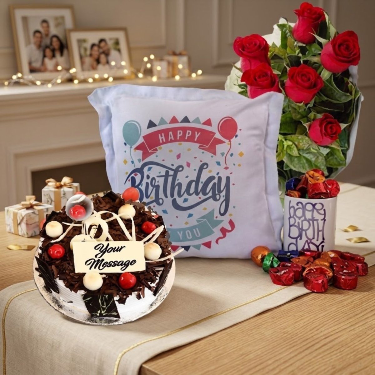 Birthday Cushion With Star Cake, Chocolates, Flowers And Birthday Mug - Flowers to Nepal - FTN
