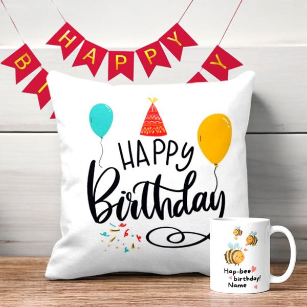 Birthday Custom Mug, Cushion Combo (HAPPY BIRTHDAY BANNER) - Flowers to Nepal - FTN