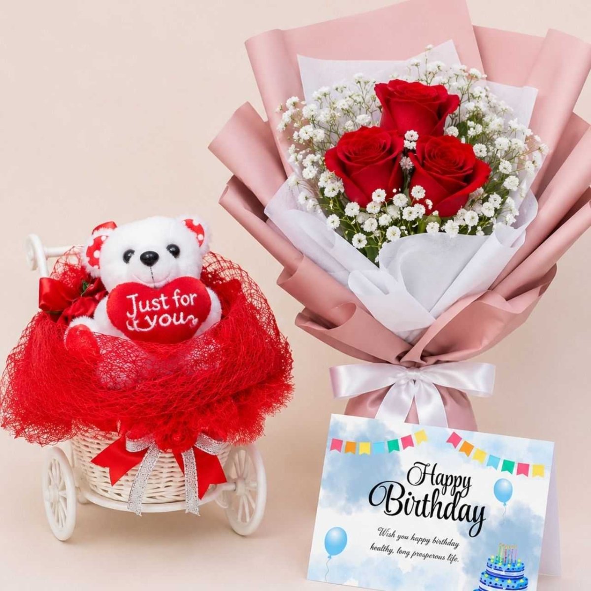 Birthday Gift Trolley with Teddy, Roses & Card - Flowers to Nepal - FTN