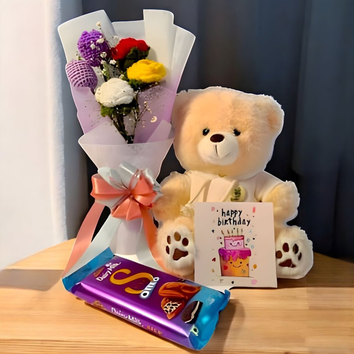 Birthday Greeting Card, Crochet Bouquet, Chocolate & Teddy Gift Set - Flowers to Nepal - FTN