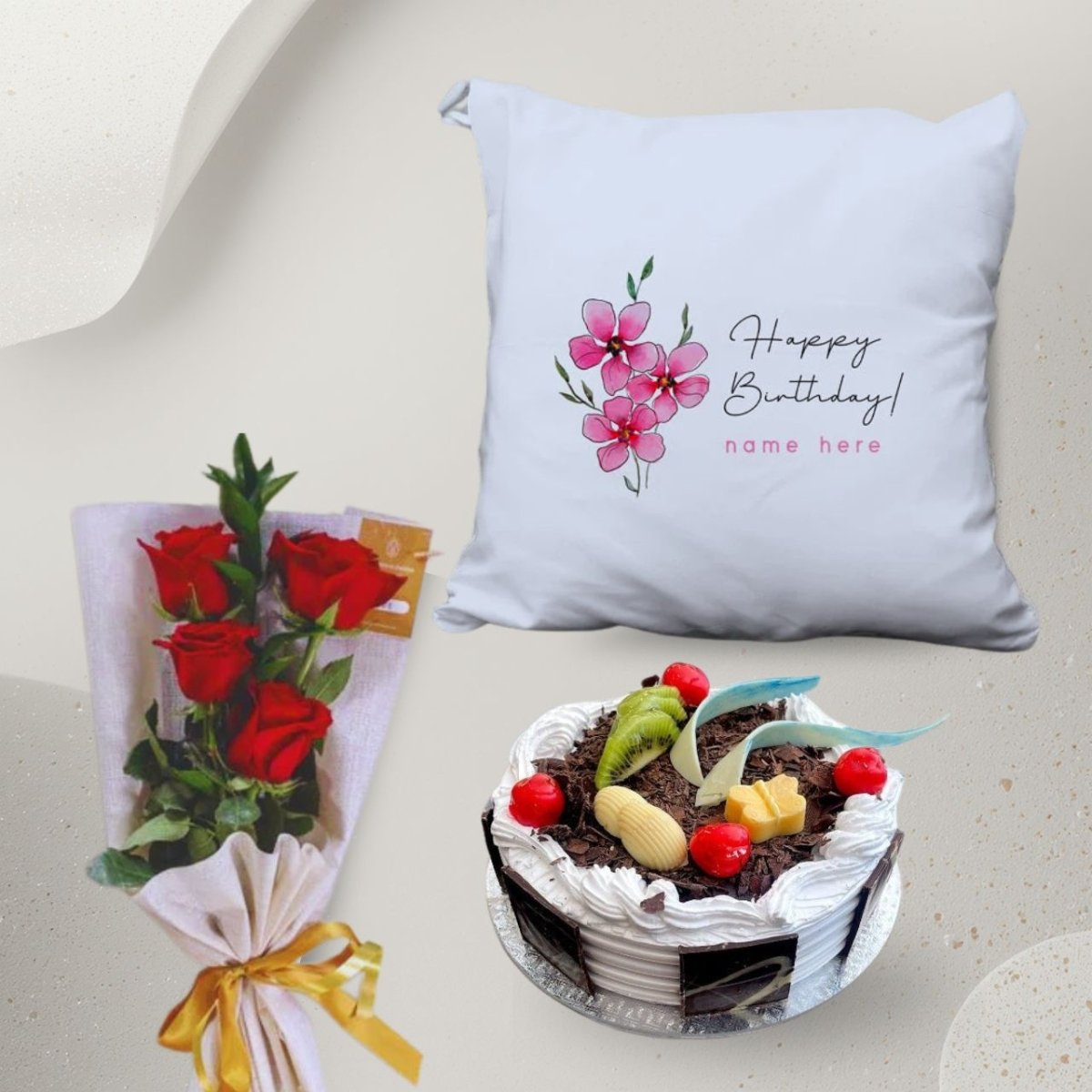 Birthday Rose Bouquet with Cushion & Cake - Flowers to Nepal - FTN