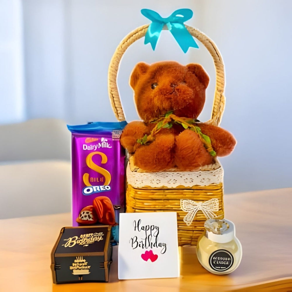 Birthday Surprise Basket with Teddy, Candle, Chocolate & Music Box - Flowers to Nepal - FTN
