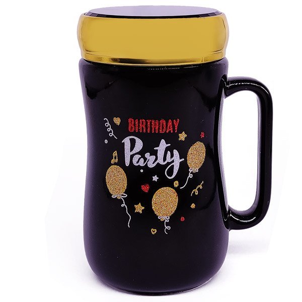 Black Ceramic Coffee Mug with Lid - 'BIRTHDAY PARTY' Print - Flowers to Nepal - FTN