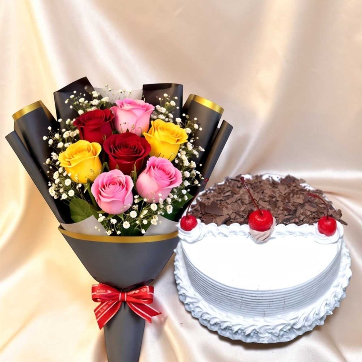 Black Forest Cake with Mixed Roses Gift Set - Flowers to Nepal - FTN