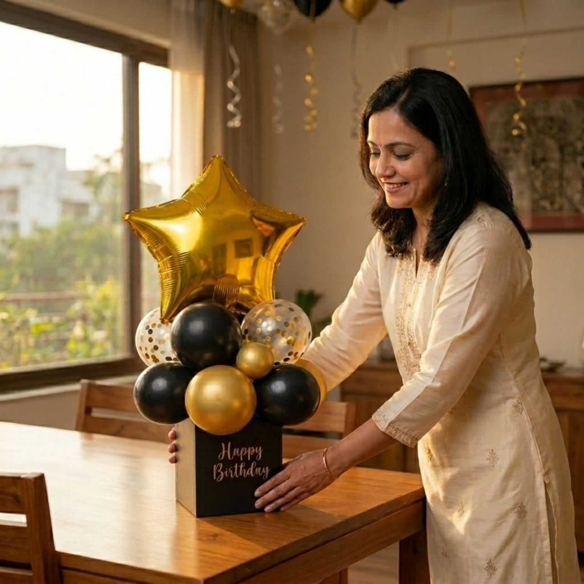 Black & Gold Happy Birthday Balloon Bouquet Set (31 Pcs) - Flowers to Nepal - FTN