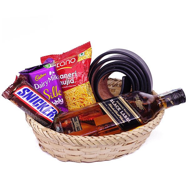 Black Label Whiskey Gift Set with Bhujia, Chocolate, and Belt Combo - Flowers to Nepal - FTN