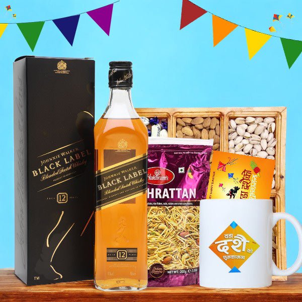 Black Label Whisky 750ml with Dried nuts, Mug Dashain Combo - Flowers to Nepal - FTN