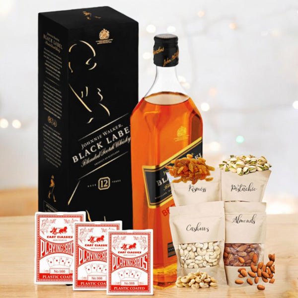 Black Label Whisky 750ml with Dry Nuts, Cards Combo - Flowers to Nepal - FTN