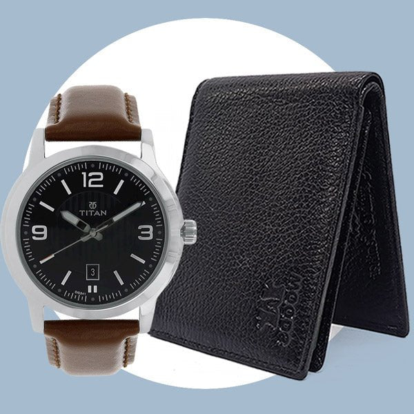 Black Leather Wallet with Titan Neo Analog Watch Gift - Flowers to Nepal - FTN