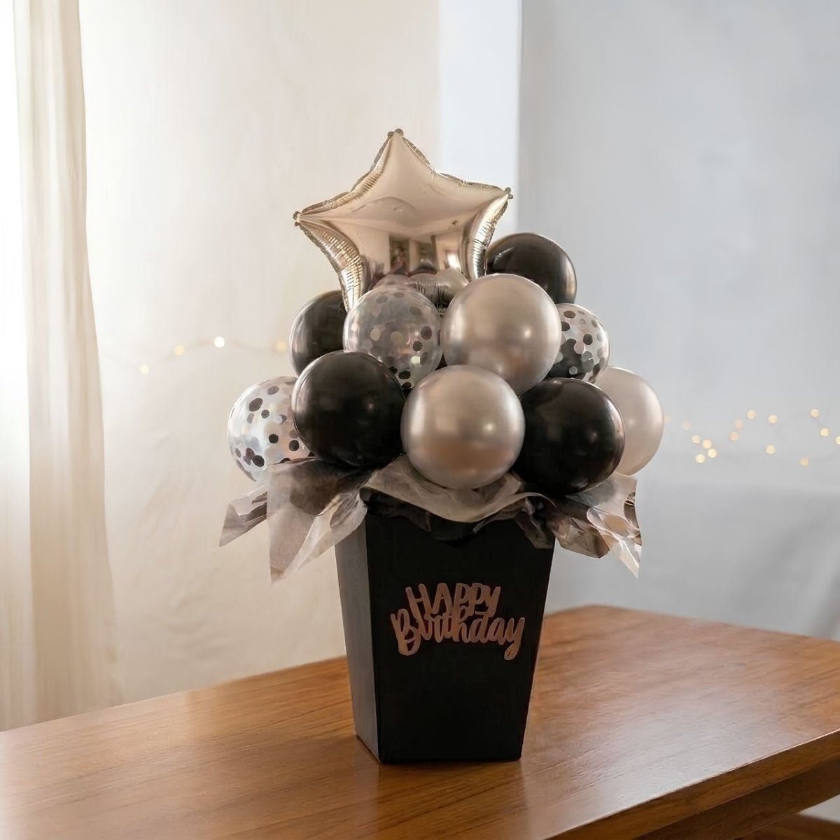 Black & Silver Happy Birthday Balloon Bouquet Set (31 Pcs) - Flowers to Nepal - FTN