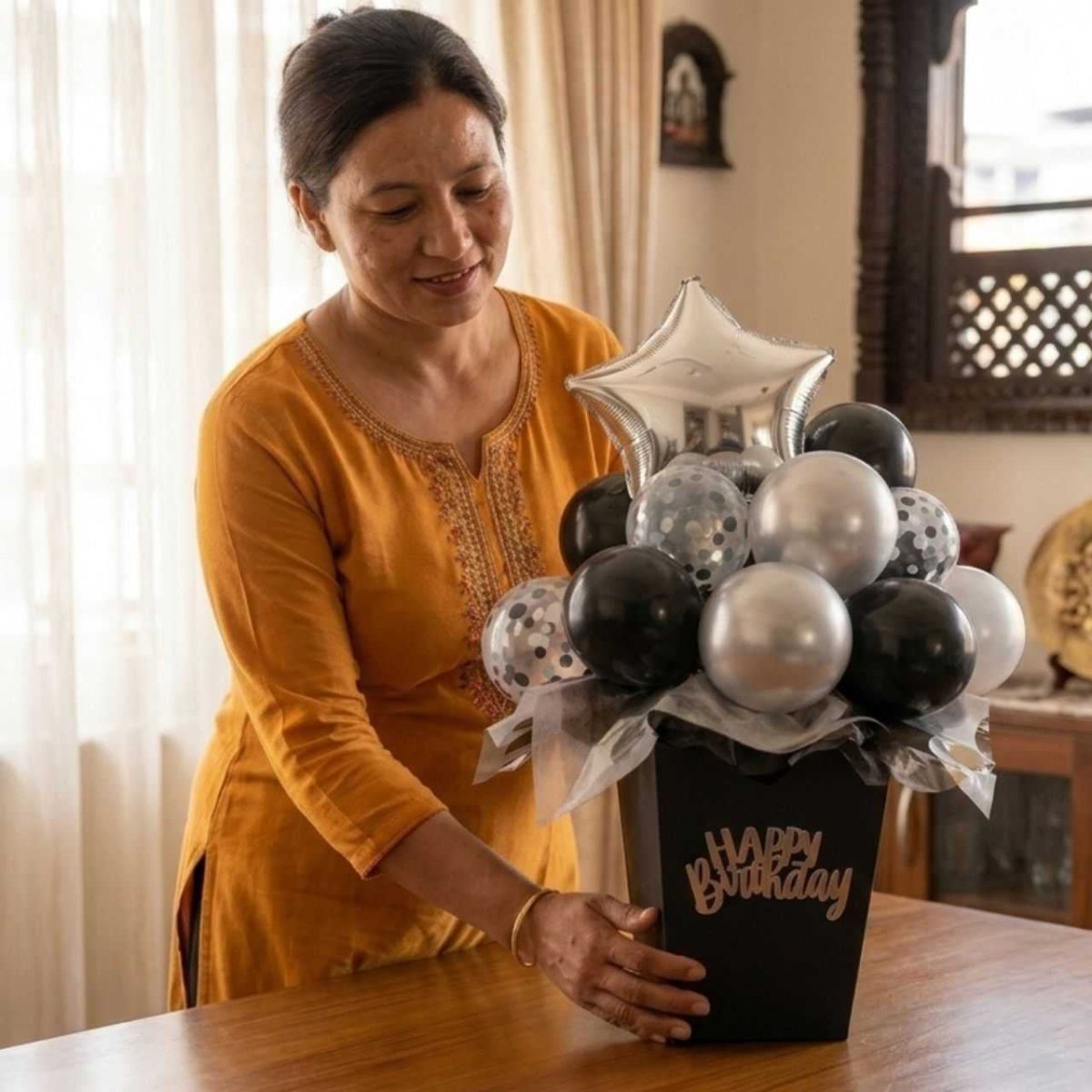 Black & Silver Happy Birthday Balloon Bouquet Set (31 Pcs) - Flowers to Nepal - FTN