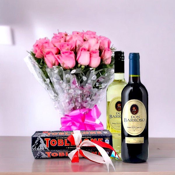 Blossom and Cheers (One Dozen Roses Bunch + Wine +Toblerone Surprise Gift) - Flowers to Nepal - FTN