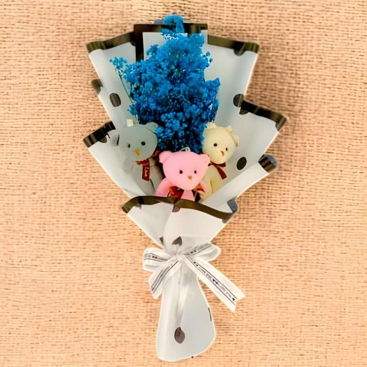 Blue Dry Gypsy Bloom Arrangement with Teddy Keyring - Flowers to Nepal - FTN