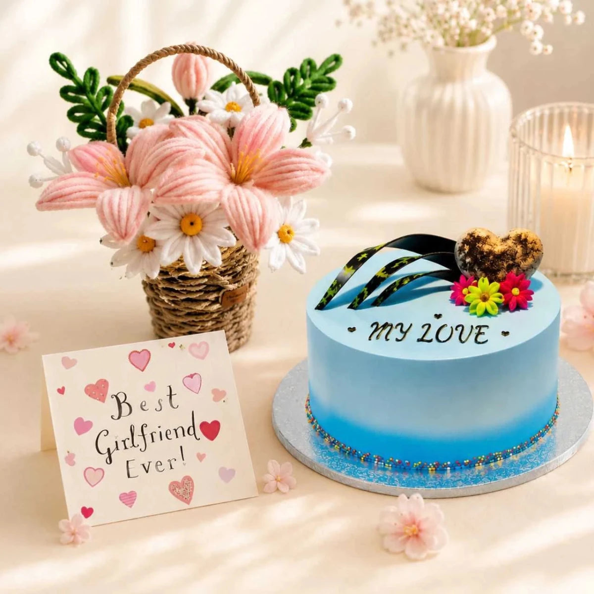 Blueberry Cake & Fuzzy Flower Gift Basket for Girlfriend - Flowers to Nepal - FTN