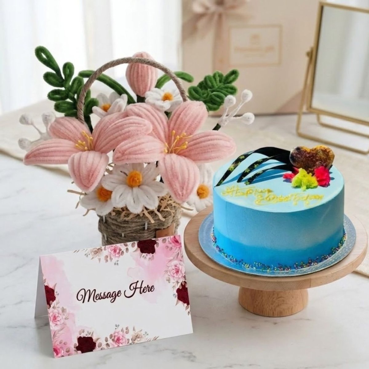 Blueberry Delight Cake & Pink Floral Gift Basket - Flowers to Nepal - FTN