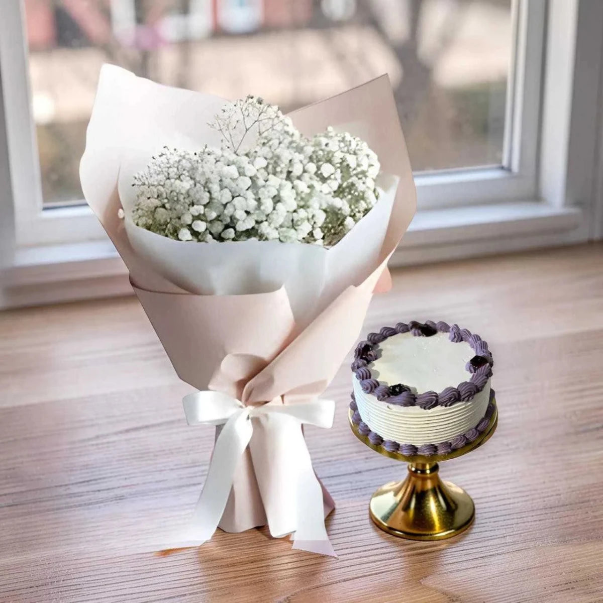 Blueberry Mini Cake with Gypsy Flower Bouquet Gift Set - Flowers to Nepal - FTN