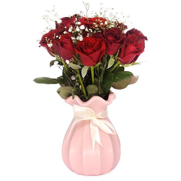 Bouquet of Dozen Red Roses in Pink Ceramic Vase - Flowers to Nepal - FTN