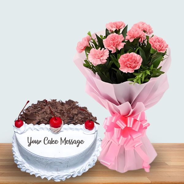 Cake & Blossoms ( Half Dozen Pink Carnation and Black Forest Cake 1Kg ) - Flowers to Nepal - FTN
