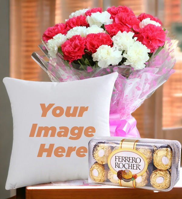 Carnation Bouquet with Custom Cushion & Ferrero Rocher - Flowers to Nepal - FTN