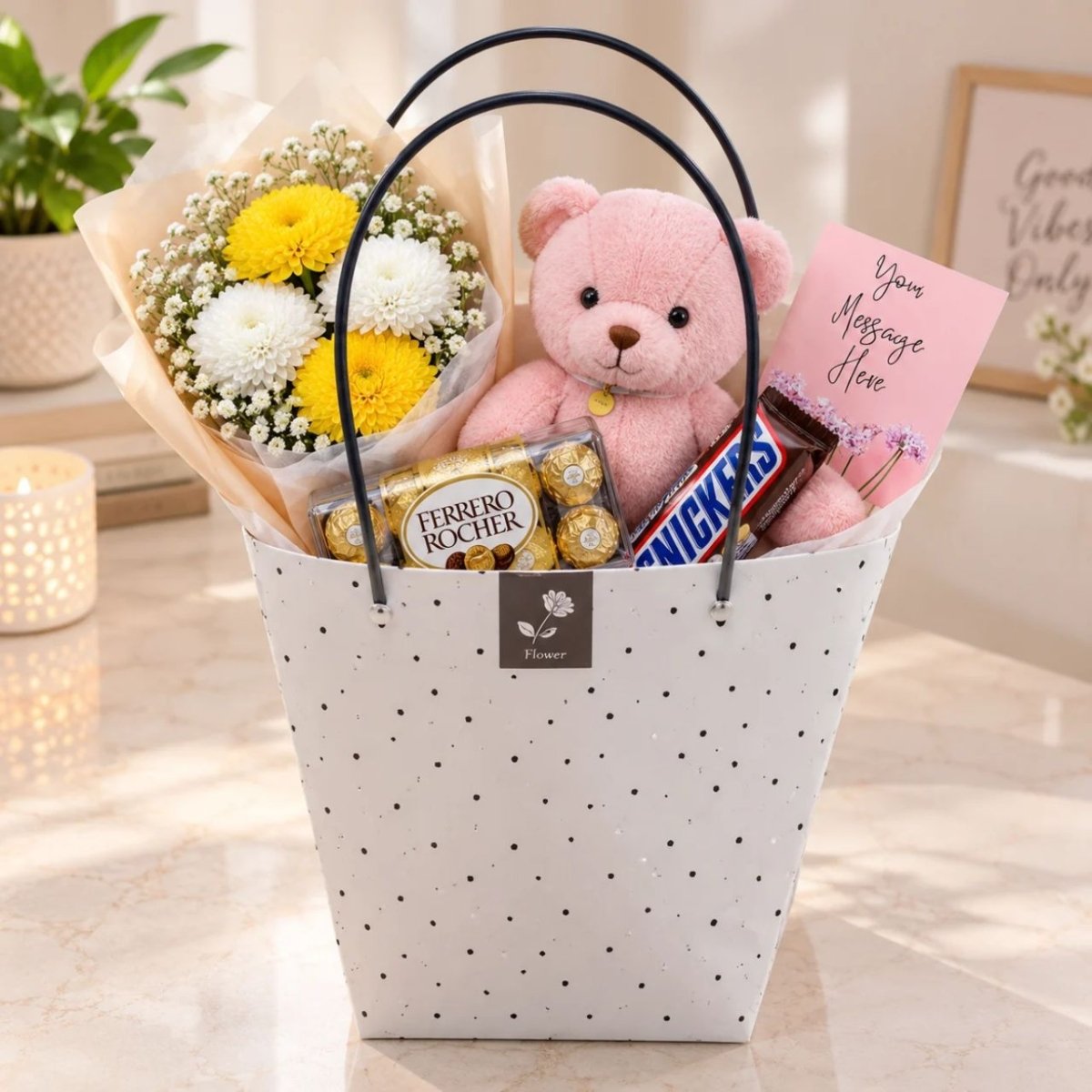 Carnation, Teddy & Chocolate Gift Bag - Flowers to Nepal - FTN