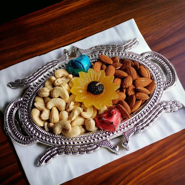 Cashew and Almond, Candle and Chocolates in - Silver Tray - Flowers to Nepal - FTN