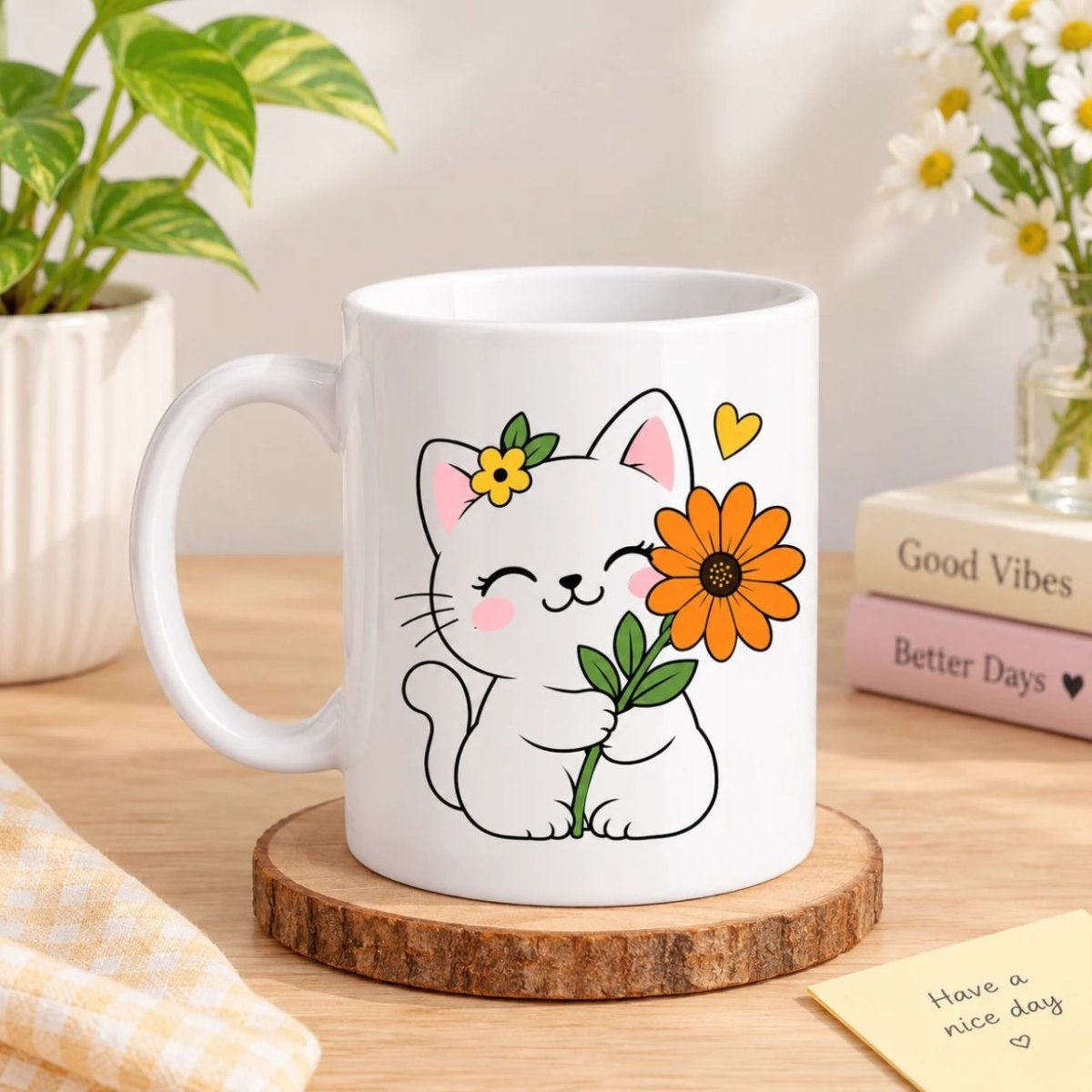 Cat Lover’s Gift Mug with Flower Design - Flowers to Nepal - FTN