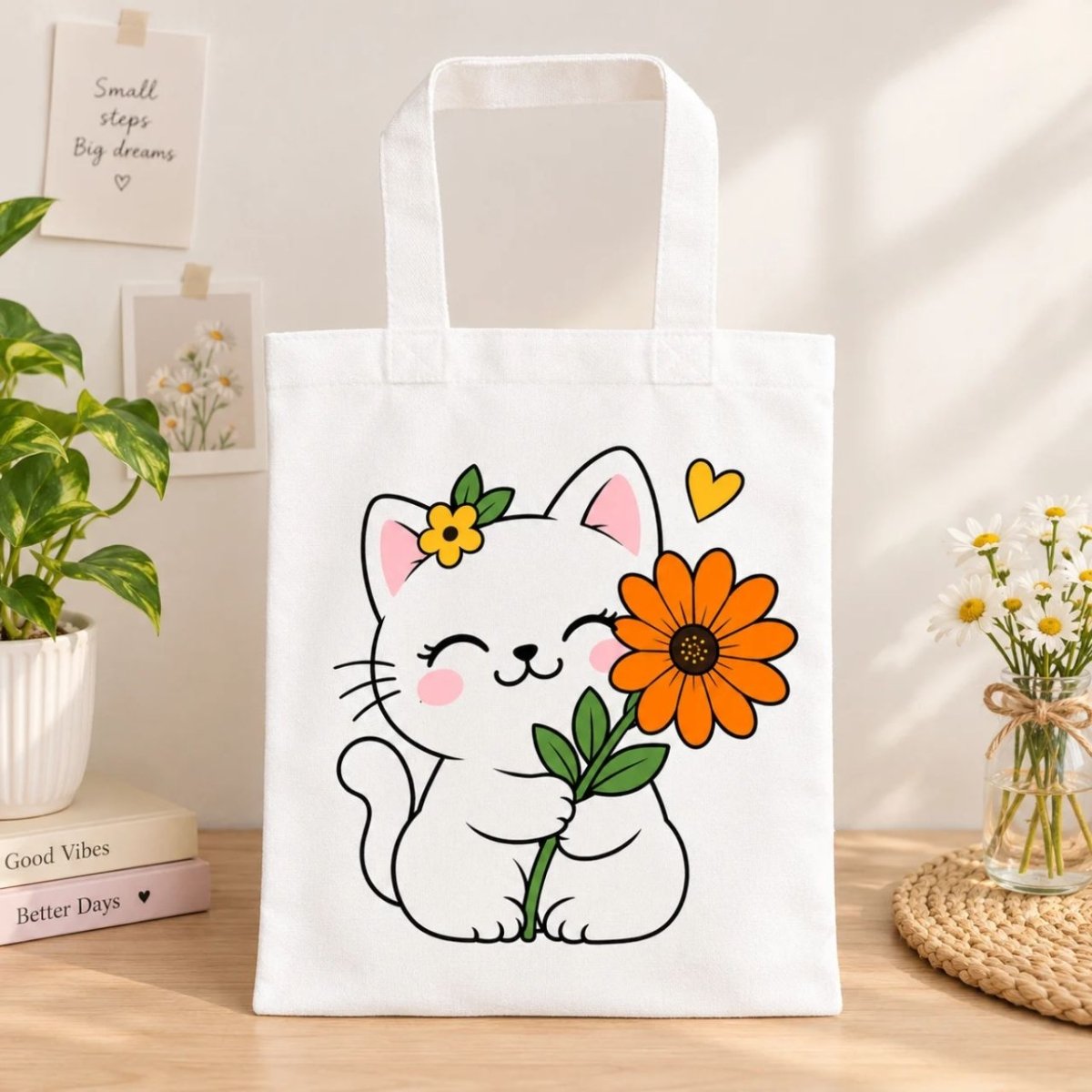 Cat with Flower Printed Tote Bag - Flowers to Nepal - FTN