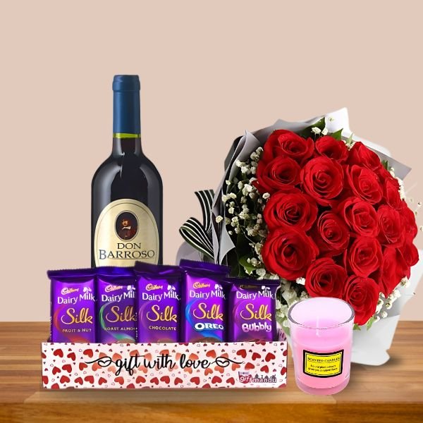 Celebration Delightful Combo ( Chocolates Box + Wine + Bouquet and Scented Candle ) - Flowers to Nepal - FTN