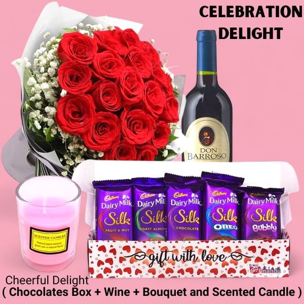 Celebration Delightful Combo ( Chocolates Box + Wine + Bouquet and Scented Candle ) - Flowers to Nepal - FTN