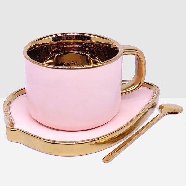 Ceramic Coffee Mug With Tray & Spoon (Peach Pink) - Flowers to Nepal - FTN