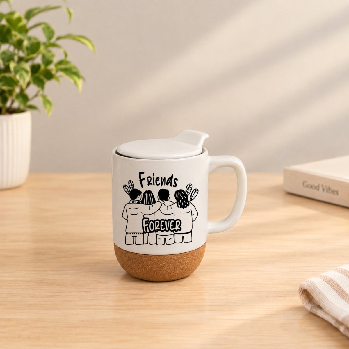 Ceramic Mug with Push Lid & Cork Base - Flowers to Nepal - FTN