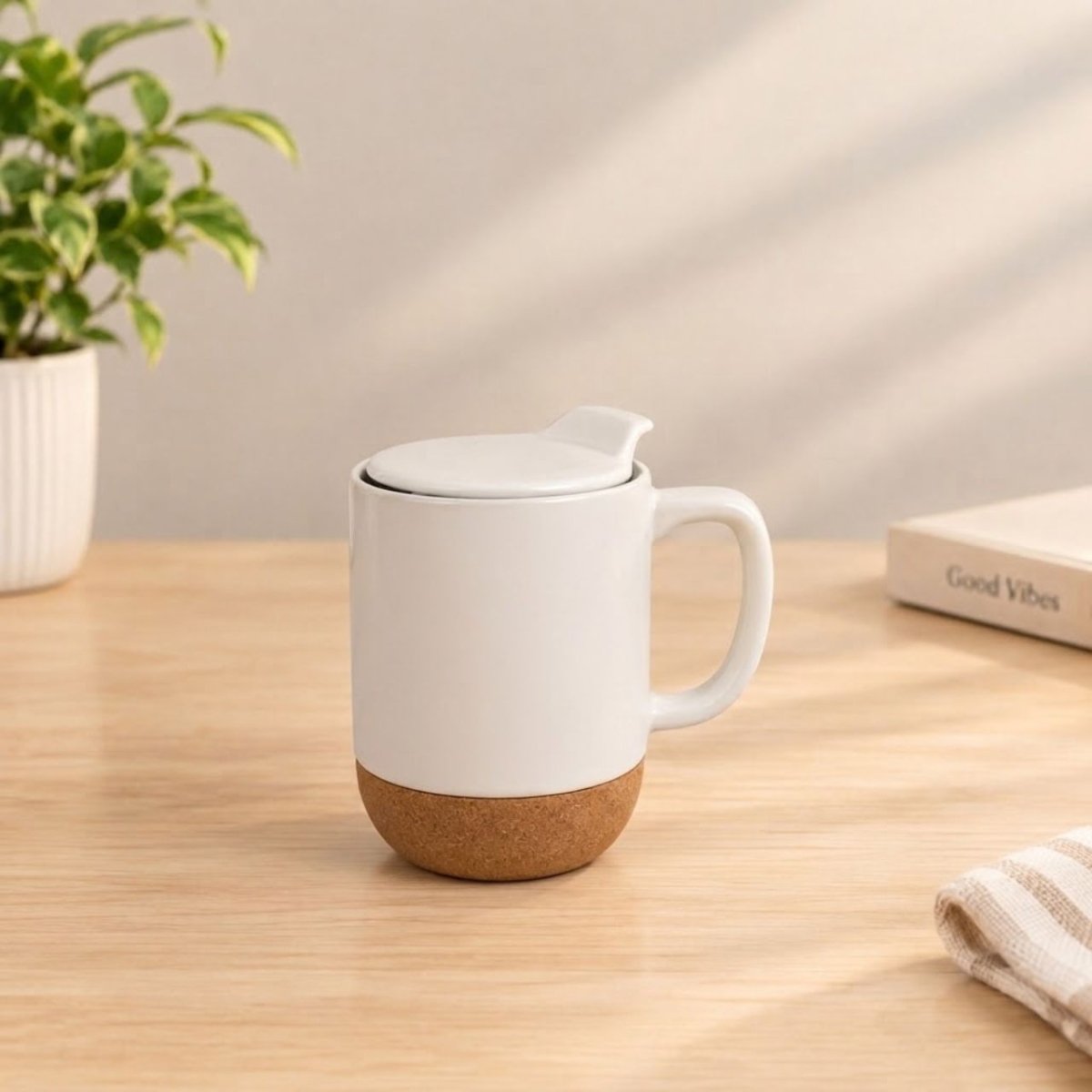 Ceramic Mug with Push Lid & Cork Base - Flowers to Nepal - FTN