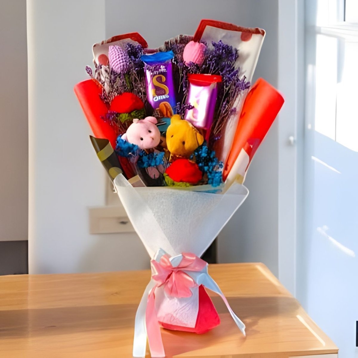 Charming Crochet Floral Bouquet with Teddy Keyring & Chocolates - Flowers to Nepal - FTN