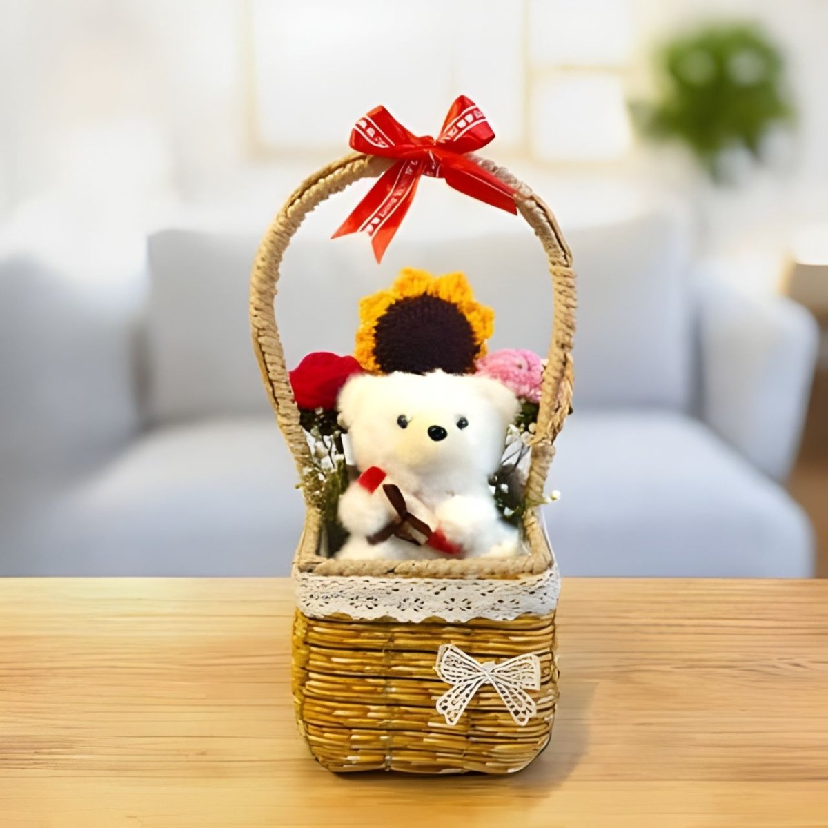 Charming Crochet Flowers With Teddy Keyring In Basket - Flowers to Nepal - FTN
