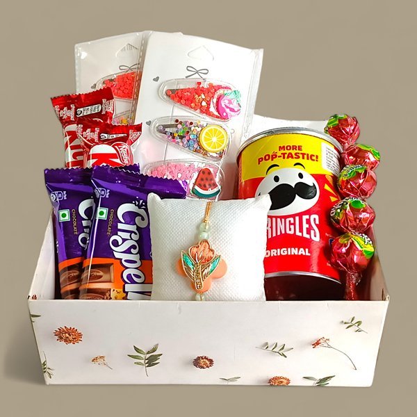 Charming Return Gift Set for Your Sister: Chocolate, Pringles, Thread, and Hair Clip - Flowers to Nepal - FTN