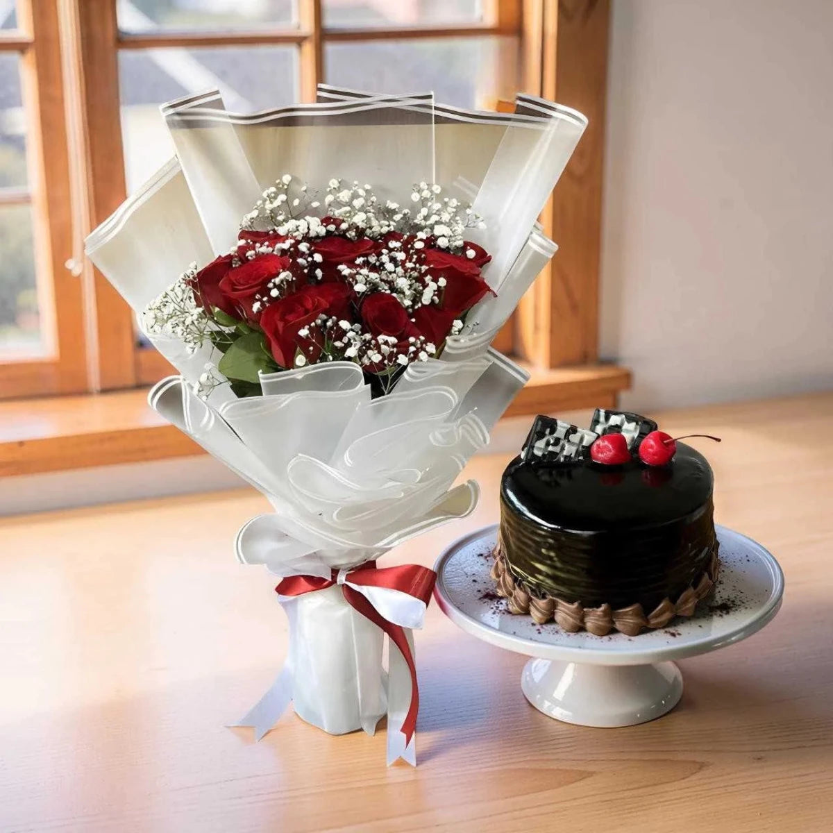 Charming Rose Bouquet and Mini Cake Combo - Flowers to Nepal - FTN